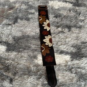 C—Embroidered Black Floral Belt/Strap with Cream and Brown Flowers